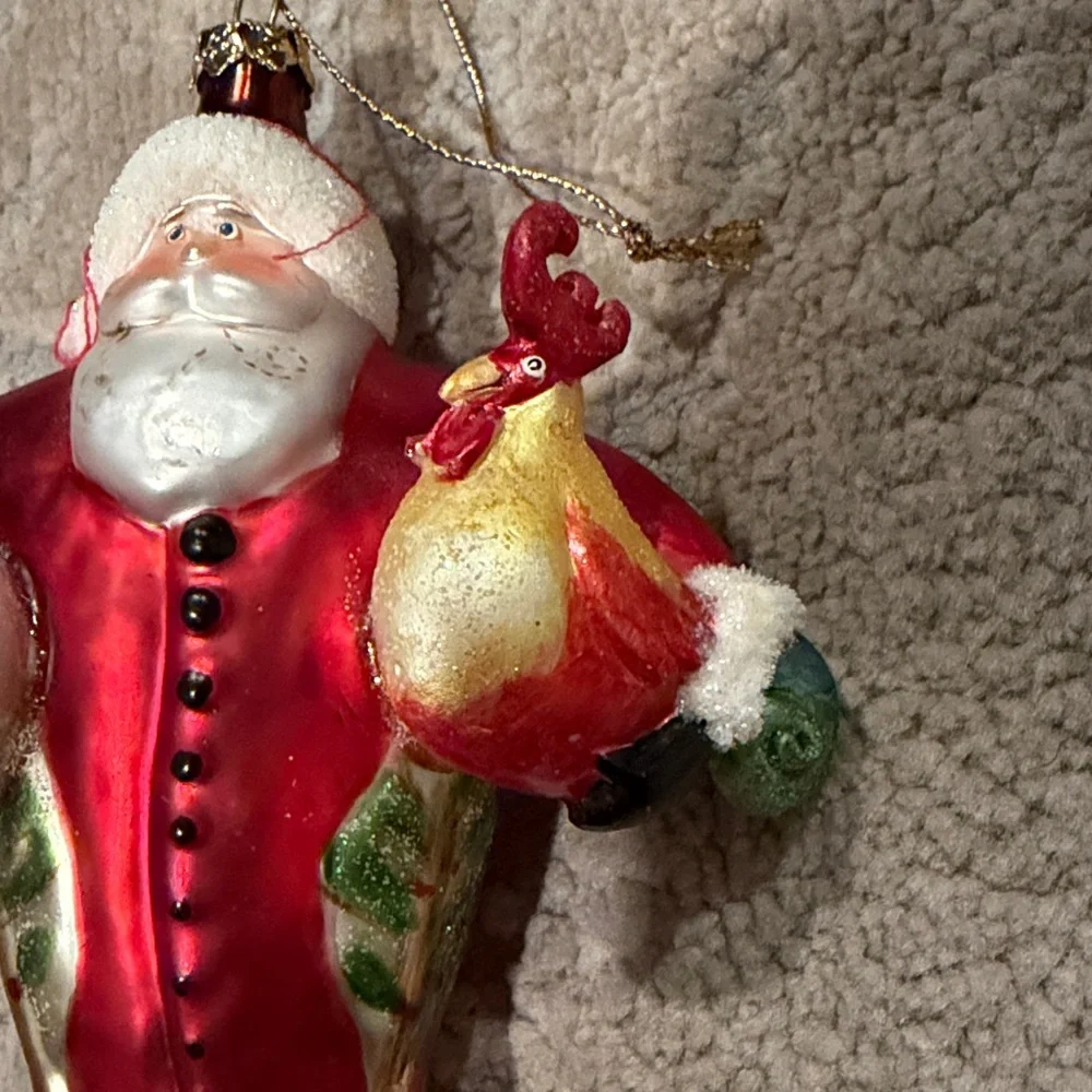 🎅 🐓 Vintage Santa Holding Chickens Glass Christmas Ornament Large 6.5